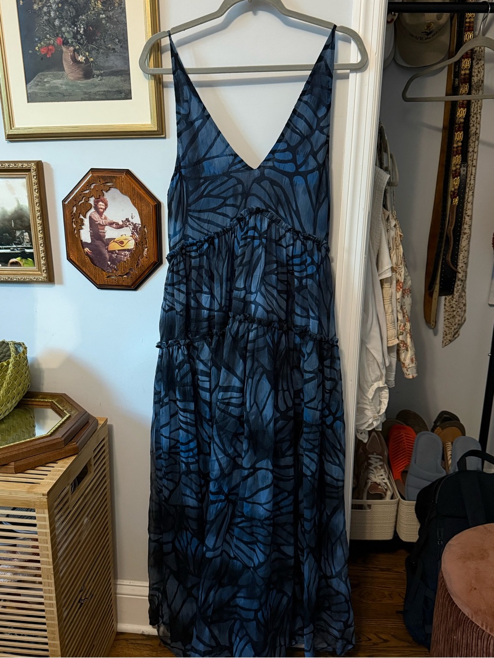Blue Black Butterfly Pattern V-Neck Tiered Maxi Dress Free People